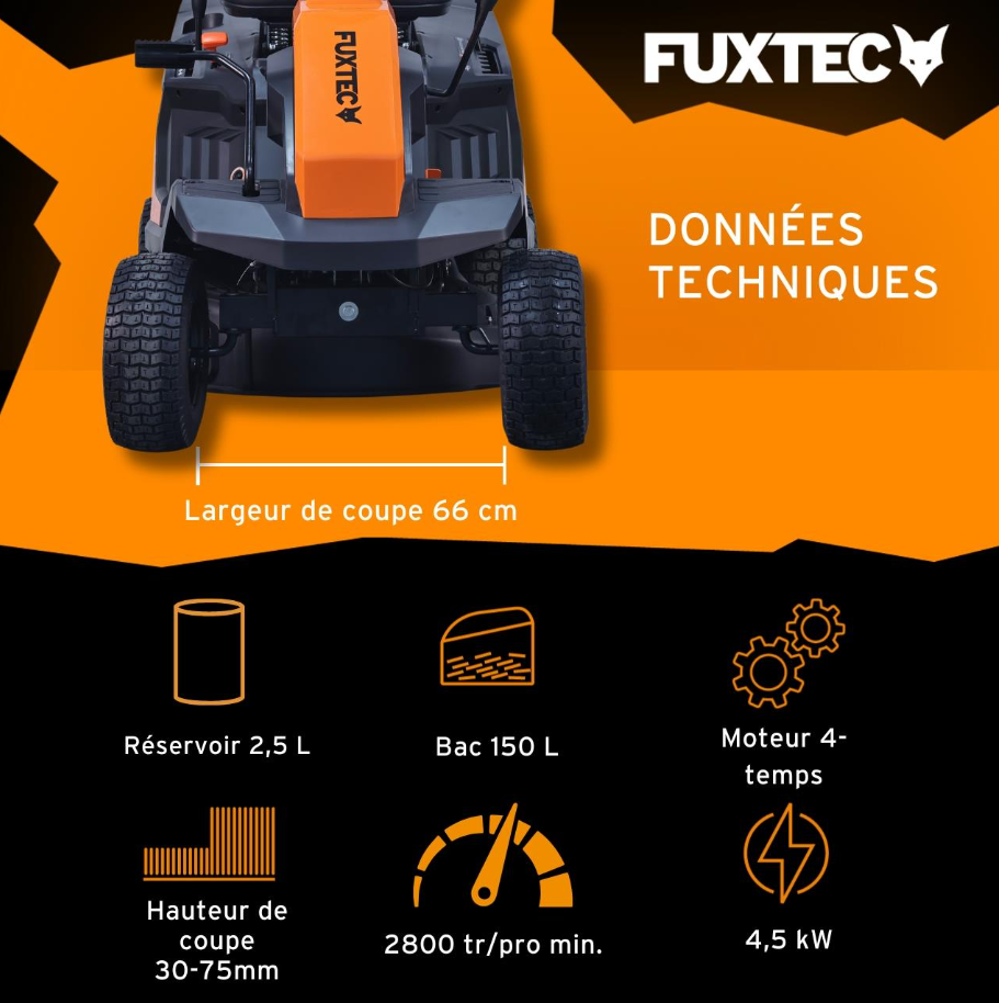 Tondeuse autoportée FUXTEC FX-RMR66 – 6 CV, largeur de coupe 66 cm, bac 150 L, tracteur tondeuse compact - immagine 3