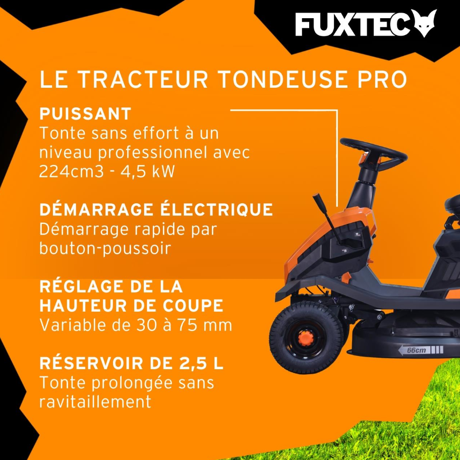 Tondeuse autoportée FUXTEC FX-RMR66 – 6 CV, largeur de coupe 66 cm, bac 150 L, tracteur tondeuse compact - immagine 5