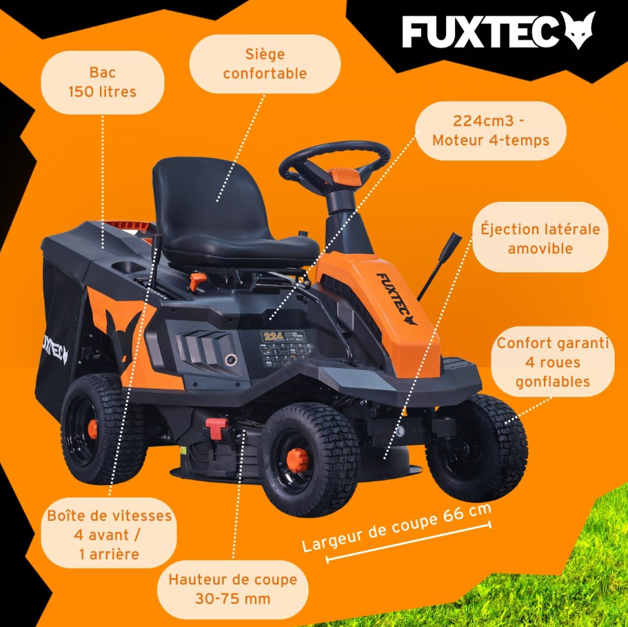 Tondeuse autoportée FUXTEC FX-RMR66 – 6 CV, largeur de coupe 66 cm, bac 150 L, tracteur tondeuse compact - immagine 6